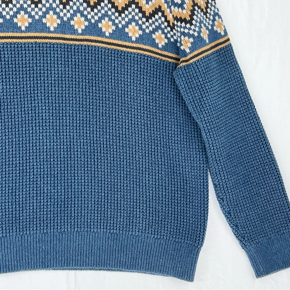 Vintage LL Bean Sweater Fair Isle Waffle 1/4 Zip Pullover Blue Cotton XL Y2K